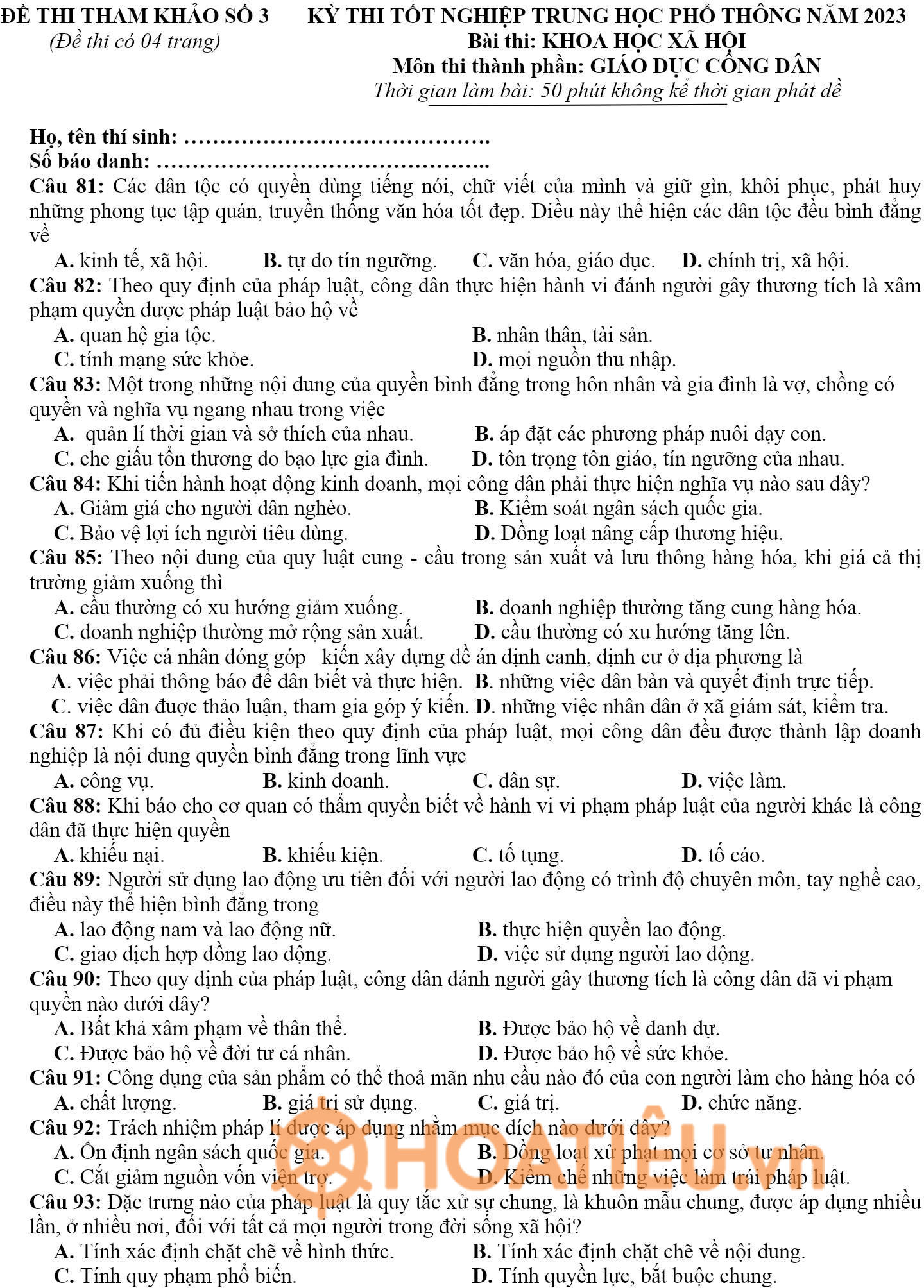 Đề thi thử tốt nghiệp THPT môn GDCD