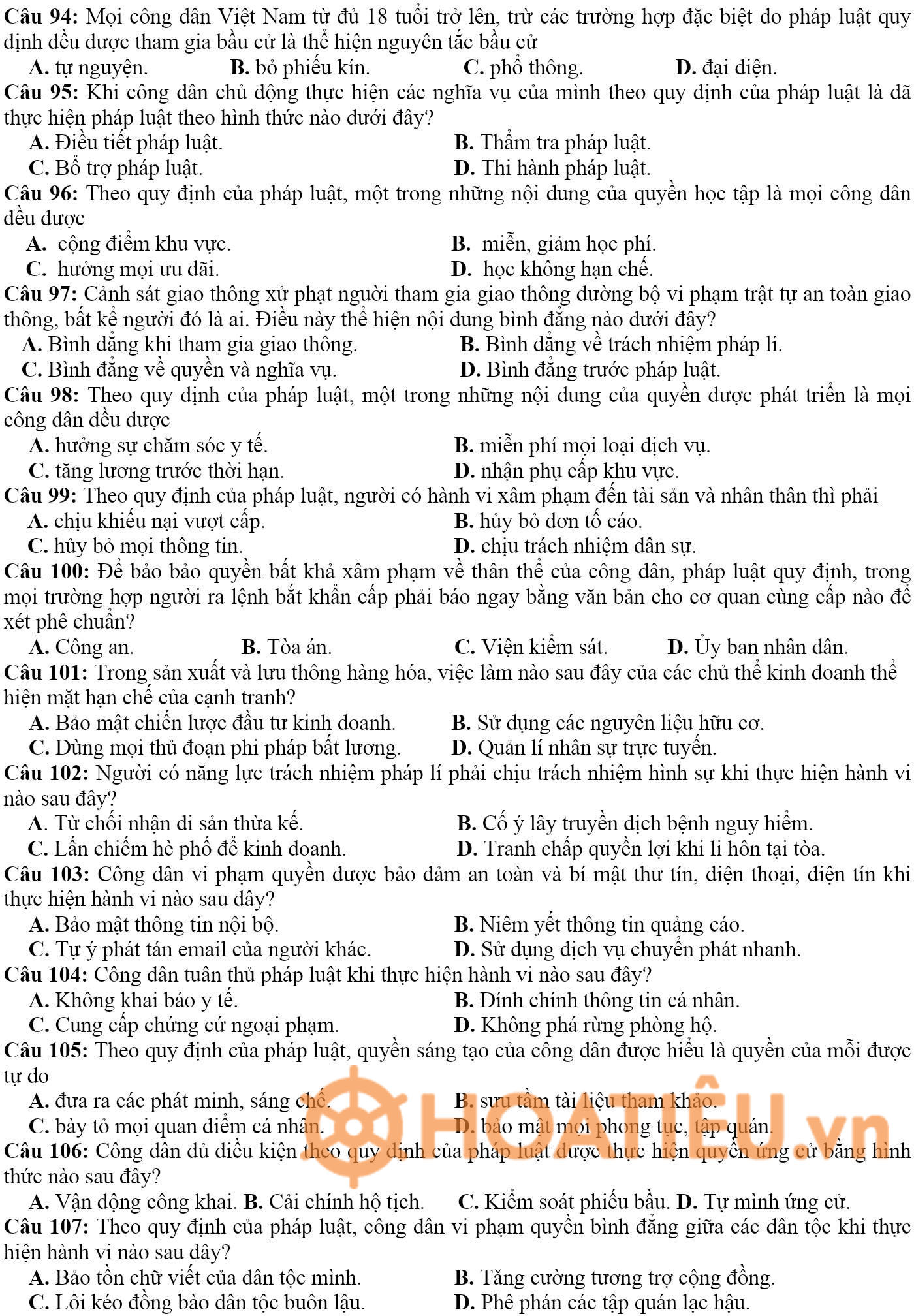 Đề thi thử tốt nghiệp THPT môn GDCD