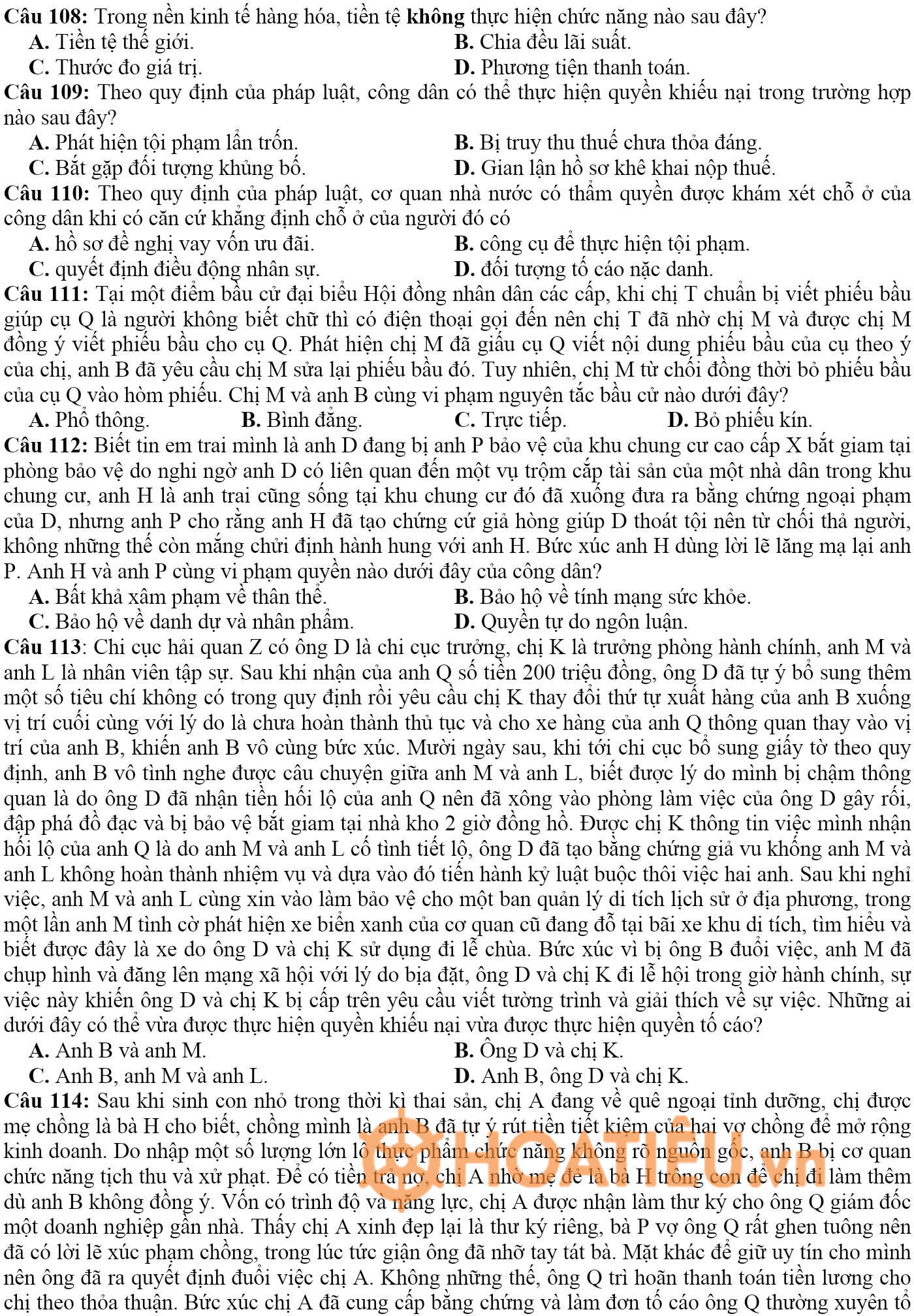 Đề thi thử tốt nghiệp THPT môn GDCD