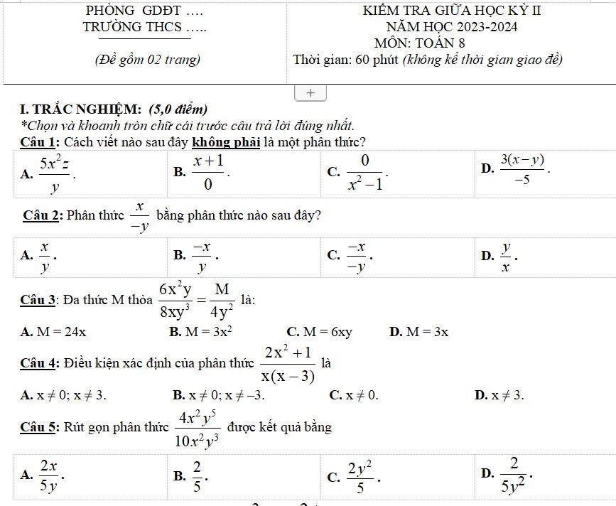 Đề thi giữa kì 2 Toán 8 Kết nối tri thức 2024 - đề 2