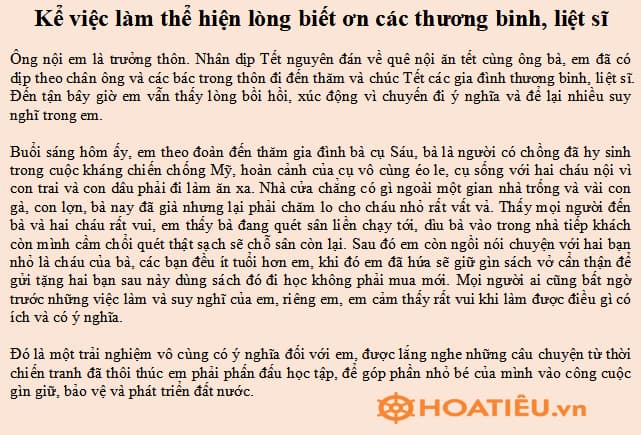 Kể việc làm thể hiện lòng biết ơn các thương binh, liệt sĩ