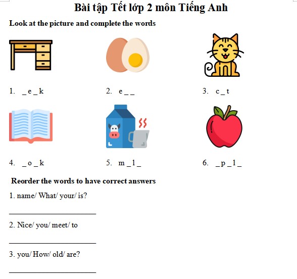 Bài tập Tết lớp 2