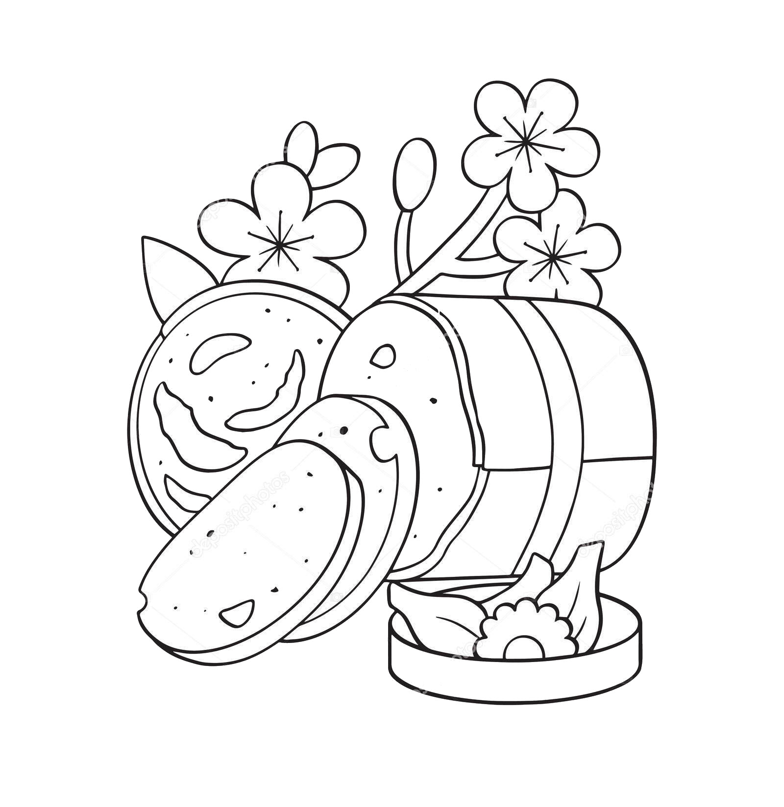 Tranh tô màu dưa hấu, bánh chưng Tết