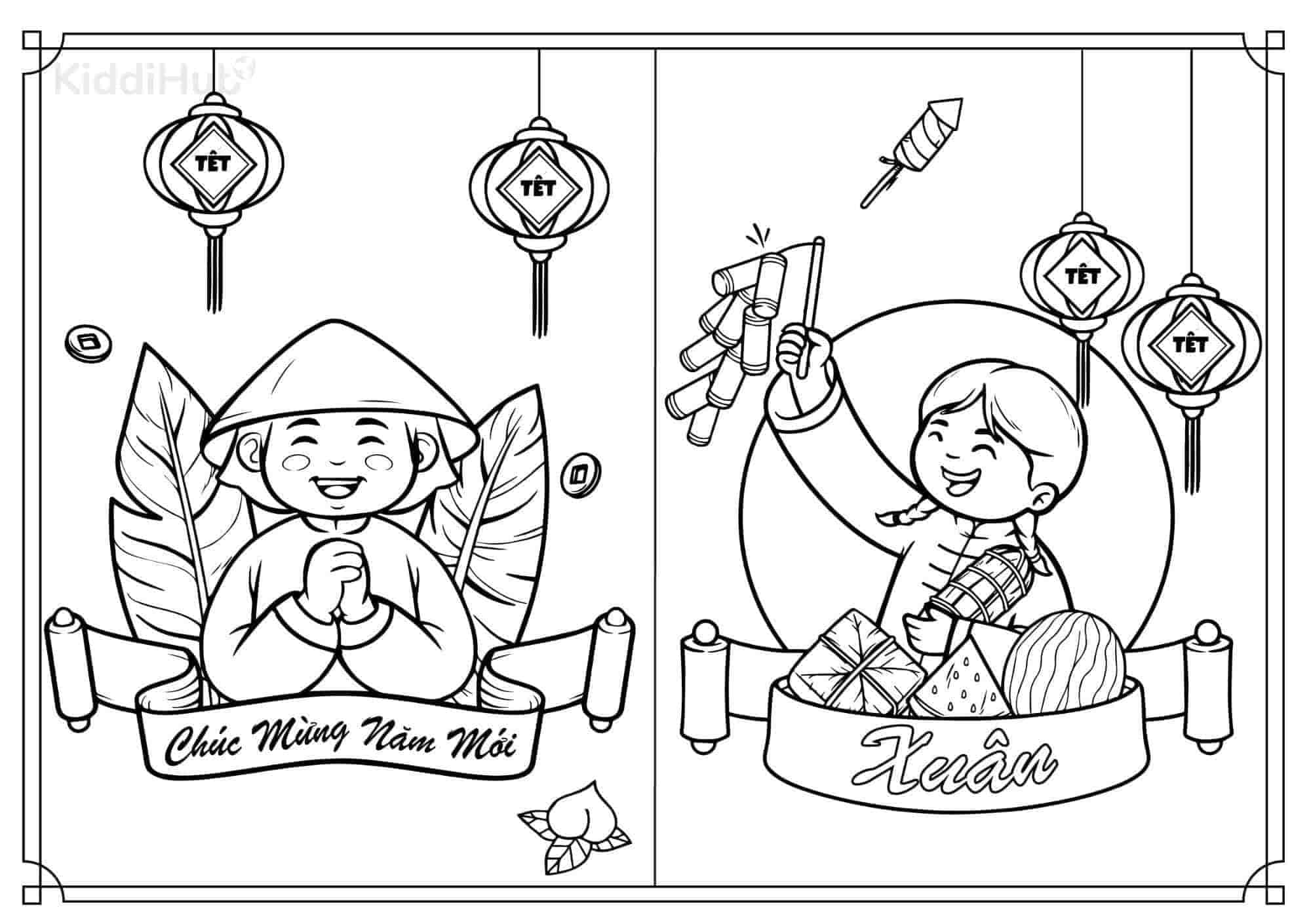 Tranh tô màu dưa hấu, bánh chưng Tết