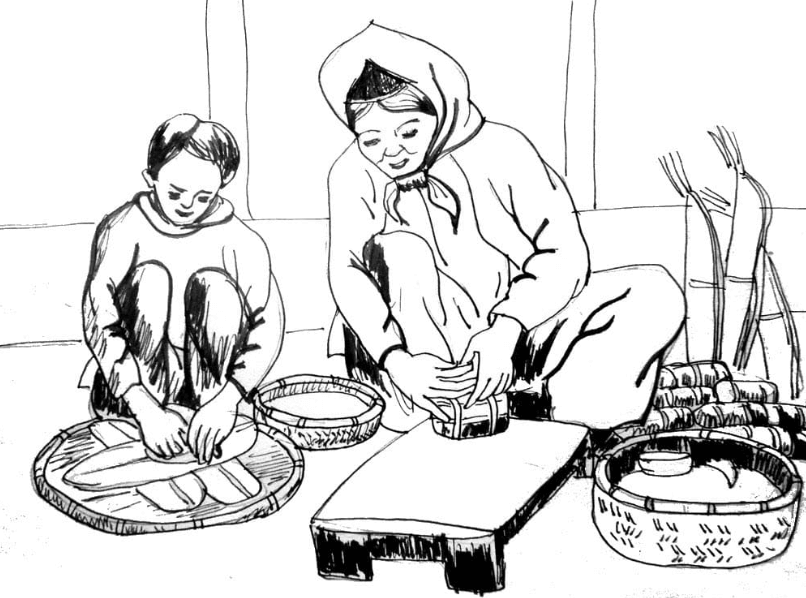 Tranh tô màu gói bánh chưng ngày Tết
