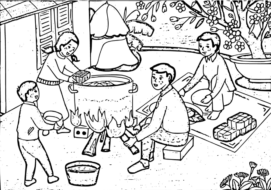 Tranh tô màu gói bánh chưng ngày Tết