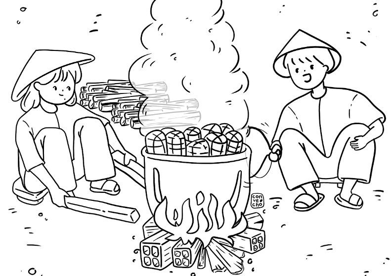 Tranh tô màu gói bánh chưng ngày Tết