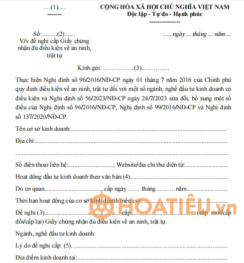 Đơn đề nghị cấp giấy chứng nhận đủ điều kiện an ninh, trật tự