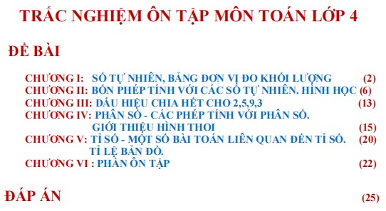 210 câu hỏi trắc nghiệm Toán 4 có đáp án 