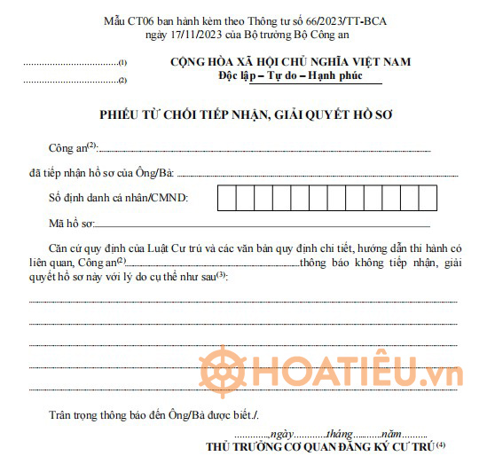 Mẫu CT06: Phiếu từ chối tiếp nhận giải quyết hồ sơ