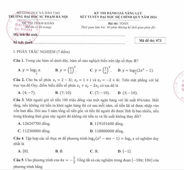 Đề thi đánh giá năng lực 2024 Đại học sư phạm