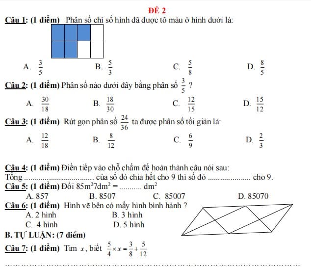 Đề thi giữa học kì 2 Toán lớp 4 năm 2024