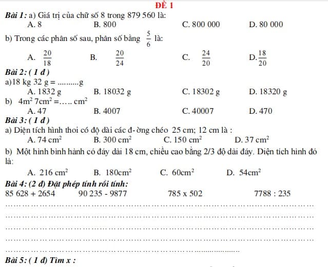 Đề thi giữa học kì 2 Toán lớp 4 năm 2024