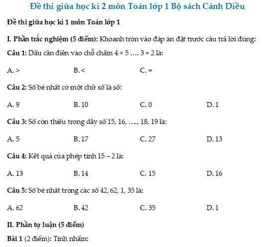 Đề thi giữa kỳ 2 Toán lớp 1 Cánh Diều