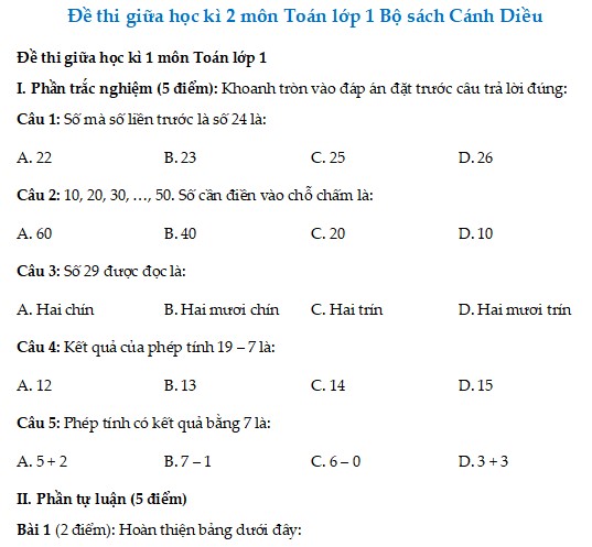 Đề Toán lớp 1 giữa học kì 2 Cánh Diều