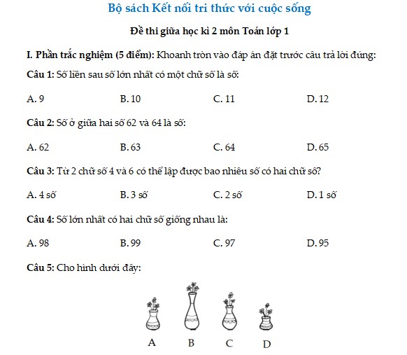 Đề thi Toán lớp 1 giữa học kì 2 KNTT