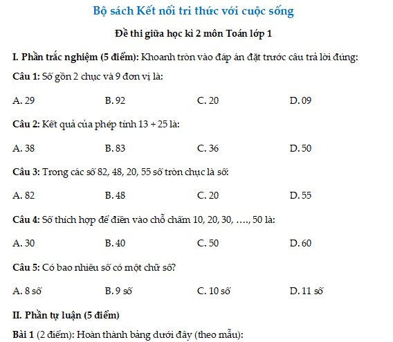 Đề thi Toán lớp 1 giữa học kỳ 2 KNTT