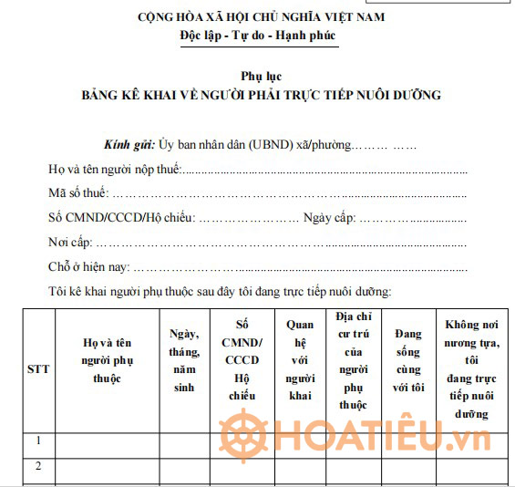 Mẫu bảng kê khai về người phải trực tiếp nuôi dưỡng được tính giảm trừ gia cảnh