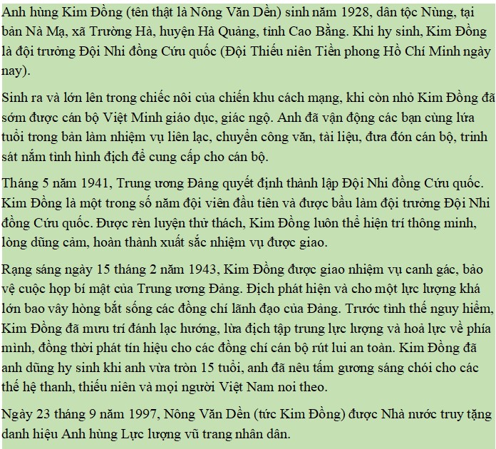 Kể về nhân vật lịch sử Kim Đồng