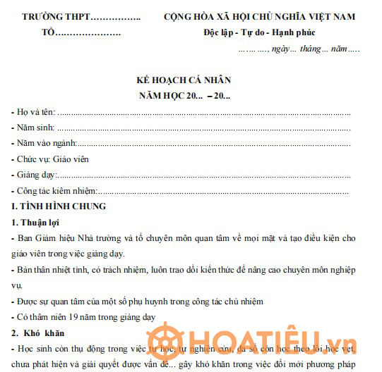 Mẫu kế hoạch cá nhân của giáo viên THPT 