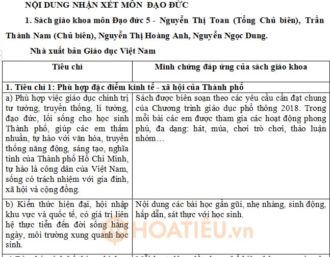 Bản nhận xét sách giáo khoa mới môn Đạo đức lớp 5