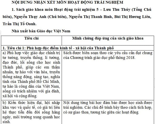 Bản nhận xét sách giáo khoa mới môn Hoạt động trải nghiệm lớp 5