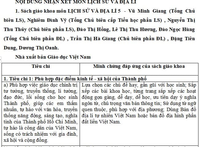 Bản nhận xét sách giáo khoa mới môn Lịch sử - Địa lí lớp 5