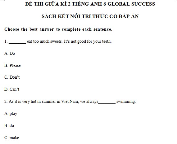 Đề thi giữa kì 2 Tiếng Anh 6 Global Success
