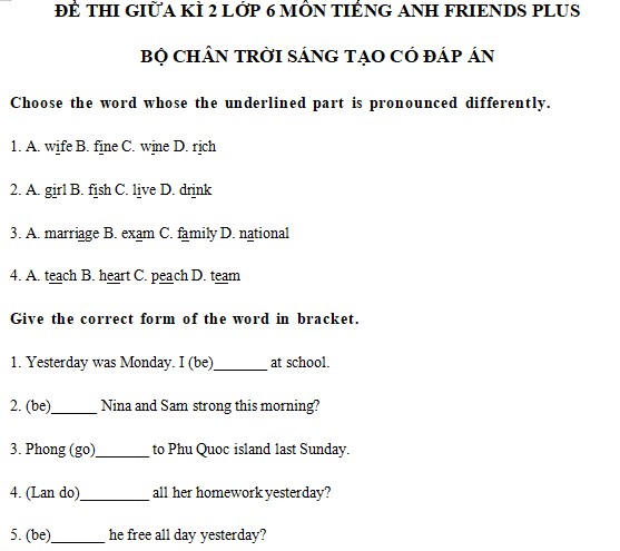 Đề thi Giữa kì 2 Tiếng Anh 6 Friends plus 