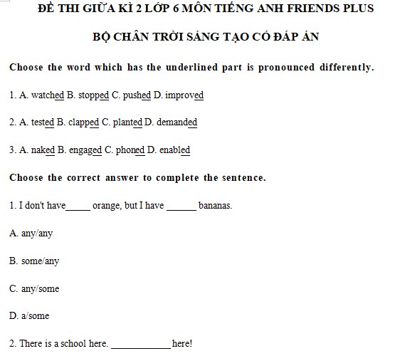Đề thi Giữa kì 2 Tiếng Anh 6 Friends plus 
