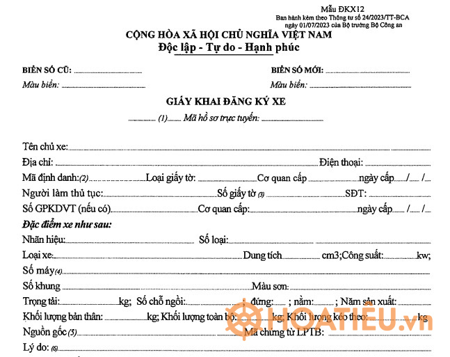 Mẫu giấy đăng ký sang tên, di chuyển xe Mẫu ĐKX12