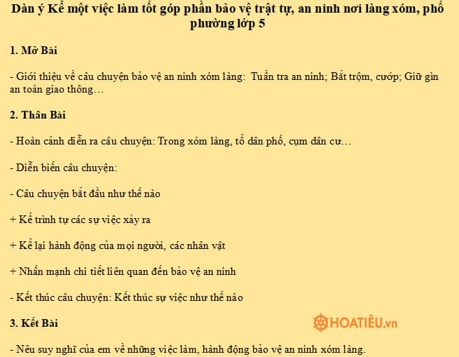 Kể một việc làm tốt góp phần bảo vệ trật tự, an ninh nơi làng xóm, phố phường mà em biết hoặc được tham gia - HoaTieu.vn