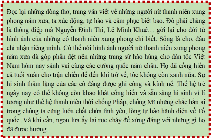 Hình ảnh “em gái tiền phương” trong bài thơ Lá đỏ và những nữ thanh niên xung phong trong truyện Những ngôi sao xa xôi gợi cho em suy nghĩ gì về tuổi trẻ Việt Nam trong những năm chiến tranh?