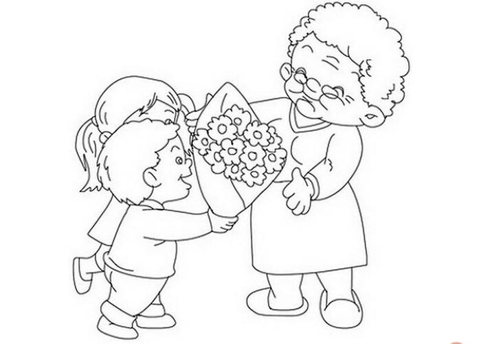 Tranh tô màu bé tặng hoa cho bà