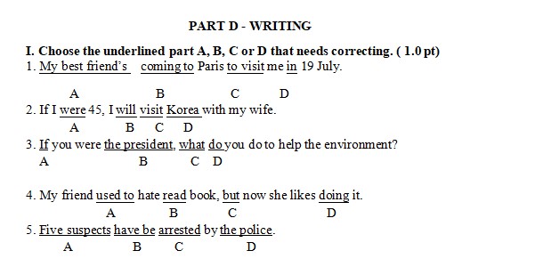 Đề kiểm tra giữa học kì 2 Tiếng Anh 8 kèm đáp án