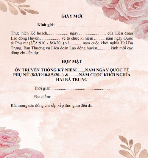 Mẫu thiệp mời tham dự chương trình kỉ niệm ngày 8 3
