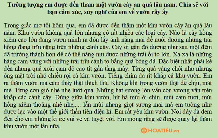 Tưởng tượng em được đến thăm một vườn cây ăn quả lâu năm. Chia sẻ với bạn cảm xúc, suy nghĩ của em về vườn cây ấy