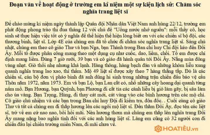 Viết đoạn văn về hoạt động ở trường em kỉ niệm một sự kiện lịch sử của nước ta lớp 4