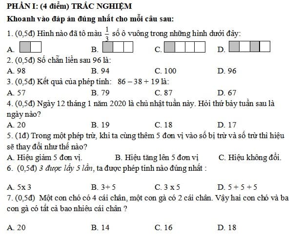 Đề thi giữa kì 2 Toán 2 Cánh Diều