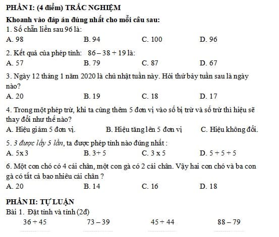 Đề thi giữa kì 2 lớp 2 môn Toán sách Kết nối tri thức