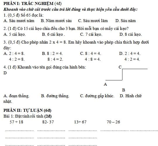 Đề thi giữa kì 2 lớp 2 môn Toán sách Kết nối tri thức