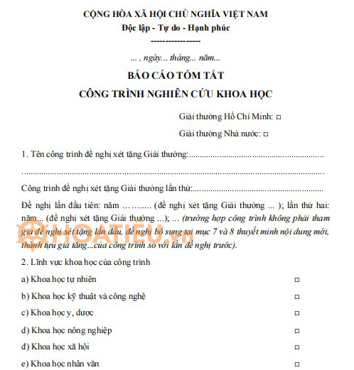 Mẫu bản báo cáo tóm tắt công trình nghiên cứu khoa học