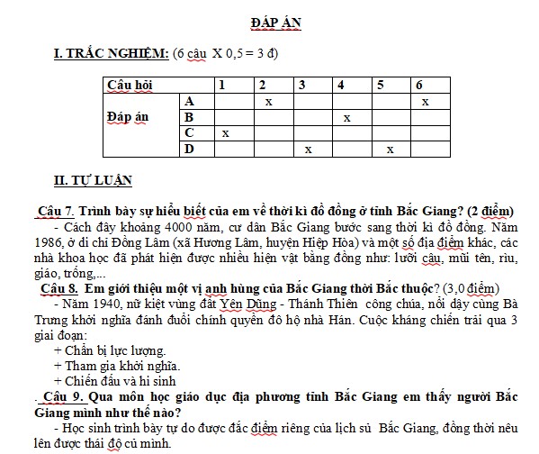 Đề thi giữa kì 2 Giáo dục địa phương 6 Bắc Giang