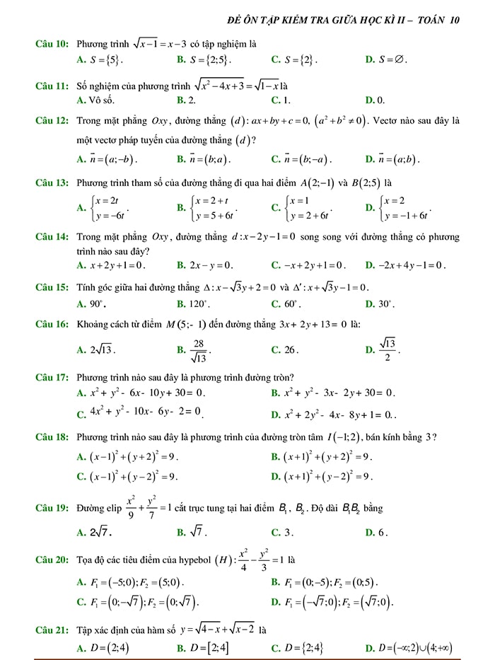 Đề thi Giữa kì 2 Toán 10 Kết nối tri thức file word