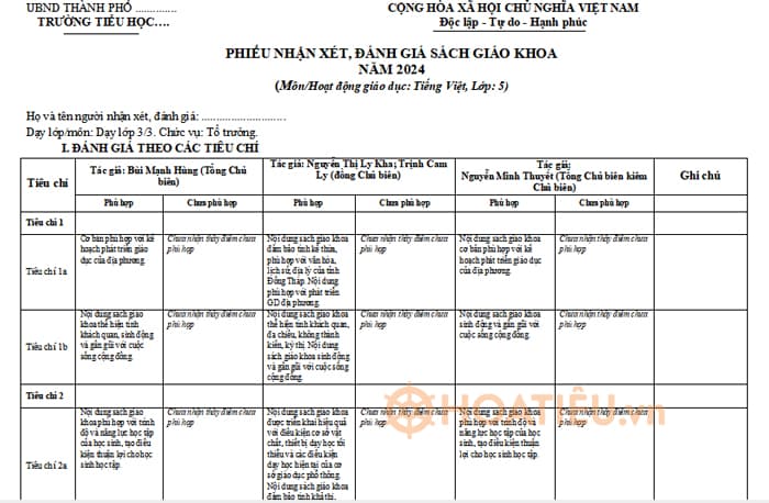 Bản nhận xét đánh giá sách giáo khoa SGK lớp 5 chương trình GDPT 2018