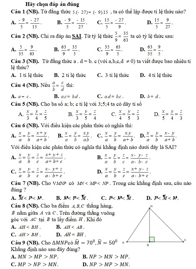 Đề thi giữa học kì 2 môn Toán lớp 7 