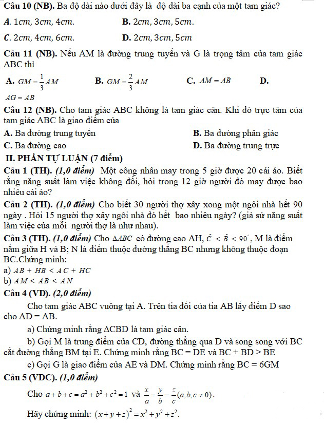Đề thi giữa học kì 2 môn Toán lớp 7 