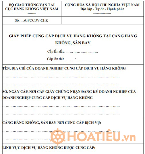 Mẫu giấy phép cung cấp dịch vụ hàng không tại sân bay, cảng hàng không