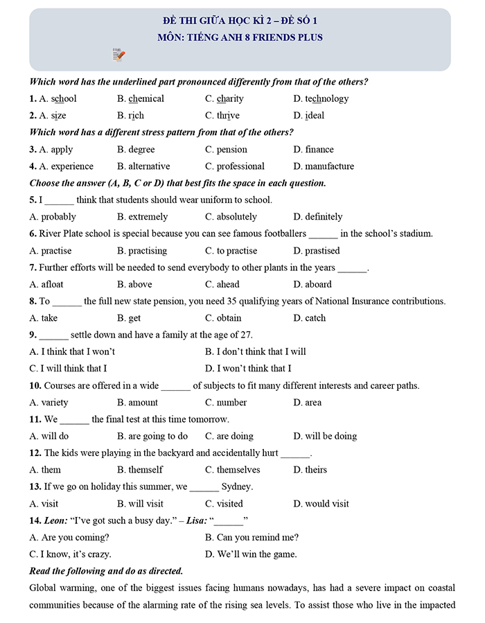 Đề kiểm tra giữa kì 2 tiếng Anh 8 Friends Plus