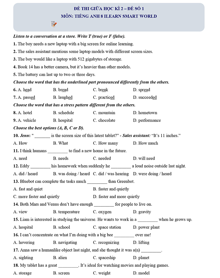 Tải đề thi giữa kì 2 Anh 8 i Learn Smart World